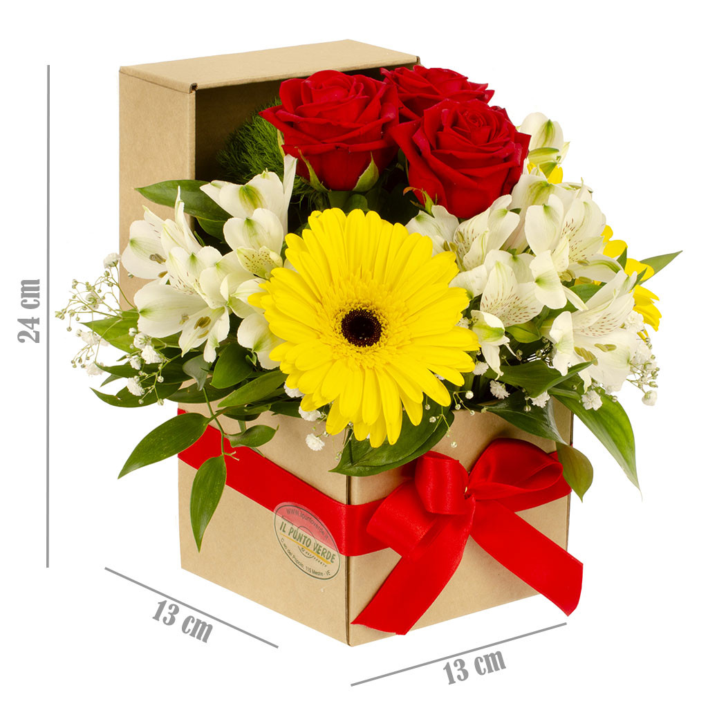 Flower Box Colorata con Rose, Gerbera Gialla e Alstroemeria