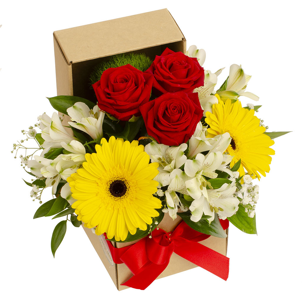 Flower Box Colorata con Rose, Gerbera Gialla e Alstroemeria